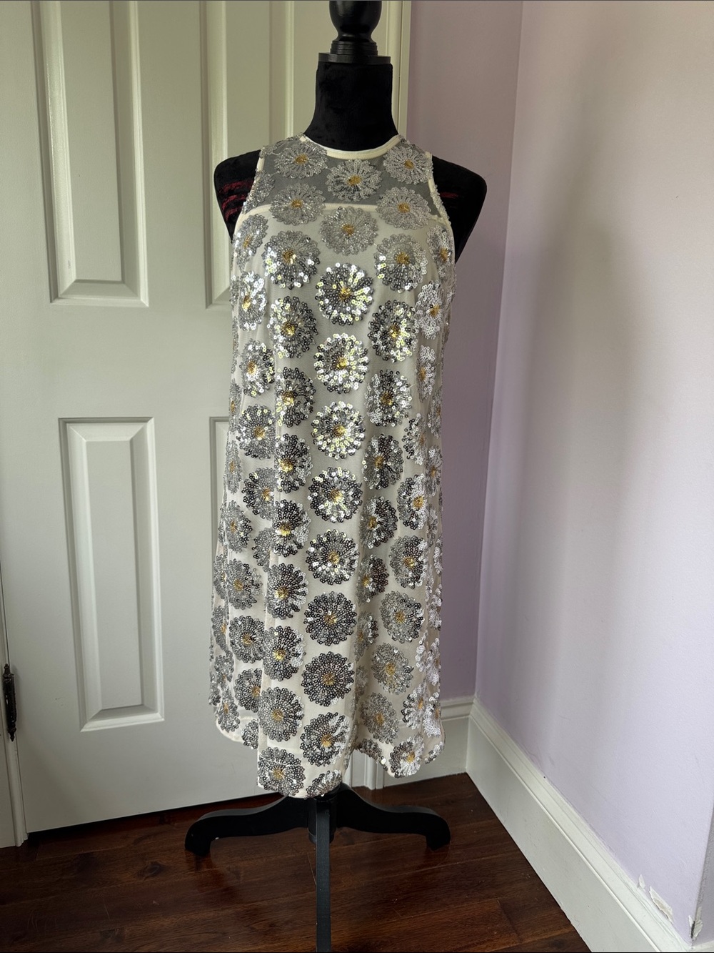 Trina Turk White Sequin Daisy Shift Mini Dress